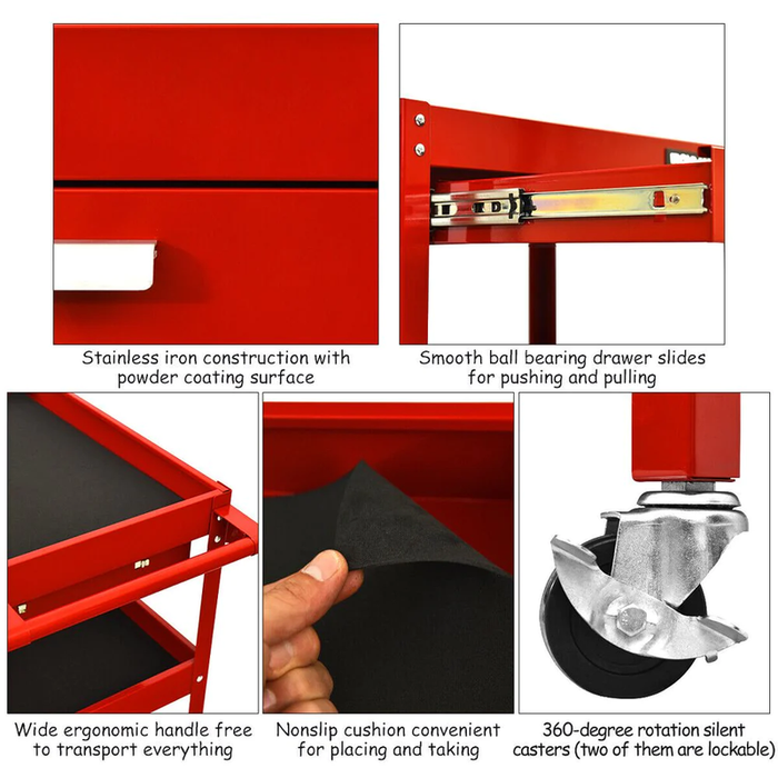 Three Tray Rolling Tool Cart Mechanic Cabinet Storage Toolbox Organizer W/Drawer