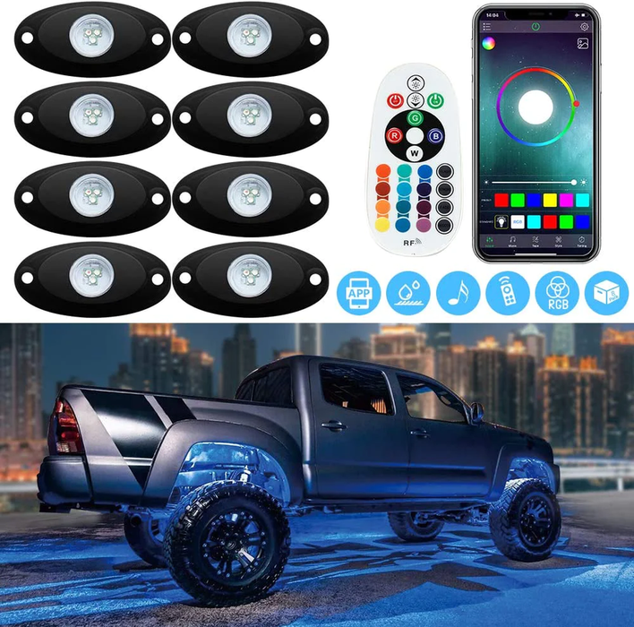 8 Pod RGB Rock Lights,Rock Lights for Trucks Waterproof LED Underglow Lights Compatible with Jeep Wrangler UTV ATV Pickup Truck LED Rock Lights W/Rf Remote APP Control