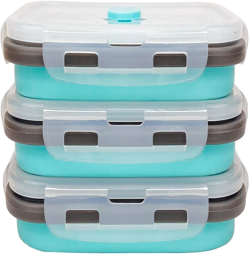 Set of 3 Collapsible Food Storage Containers with Lids, Collapsible Silicone Bowls, Silicone Lunch Containers, for Meal Prep, Camping, Travel, Microwave and Freezer Safe,500Ml,Blue