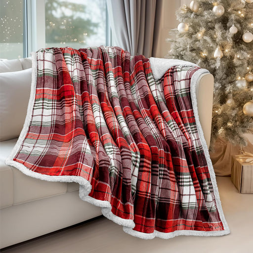 Christmas Plaid Blanket | Sherpa Fleece Flannel Throw Blanket | Christmas Plaid Warm Plush Microfiber Blanket for Couch Sofa | 50X60 Inches