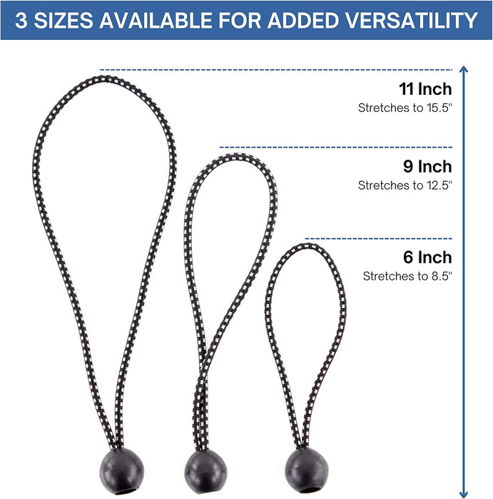 BB-6B Ball Bungee Cord, Heavy-Duty & Versatile, Indoor & Outdoor, Tarp Tie-Down, Organize & Secure, 6-Inch, Black, 25 Pack