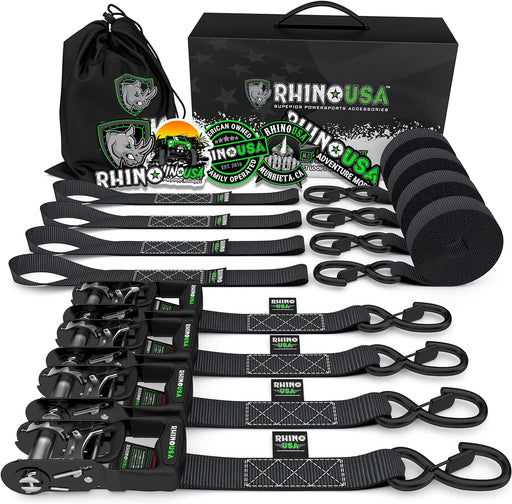 Ratchet Tie down Straps (4PK) - 1,823Lb Guaranteed Max Break Strength, Includes (4) Premium 1" X 15', with Padded Handles. Best for Moving, Securing Cargo (Black 4-Pack)