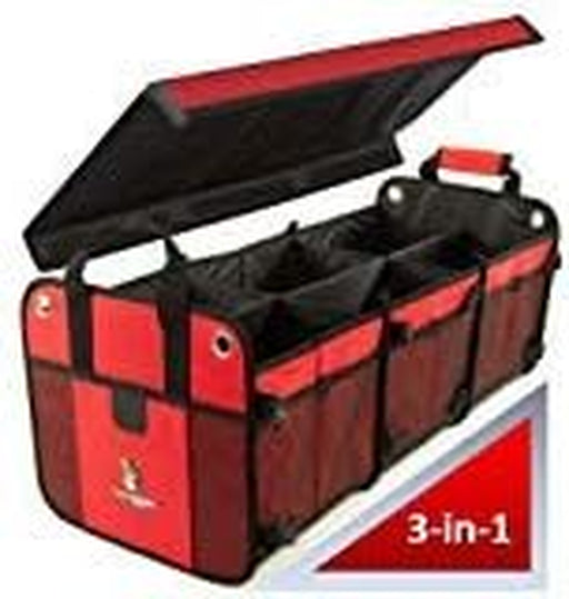 Convertible Large 3 Compartment SUV Trunk Organizer | Truck Bed for Trucks, Cars, Suvs (4-In-1 with Cover, Red)