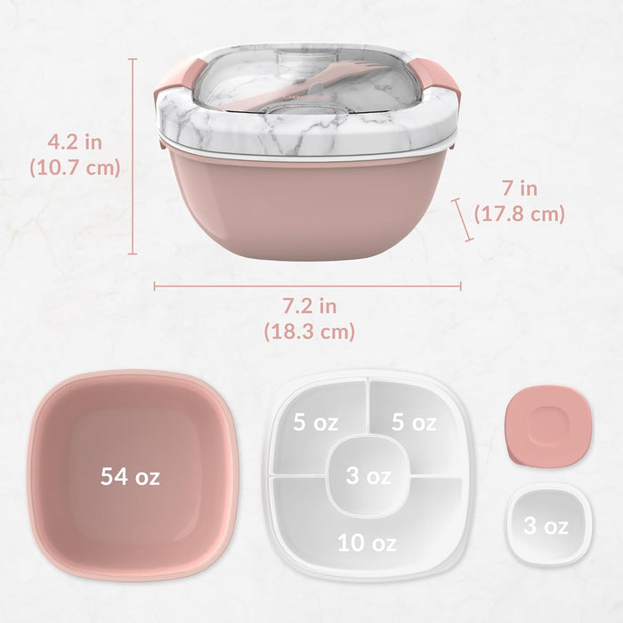 ® All-In-One Salad Container - Large Salad Bowl, Bento Box Tray, Leak-Proof Sauce Container, Airtight Lid, & Fork for Healthy Adult Lunches; Bpa-Free & Dishwasher/Microwave Safe (Blush Marble)