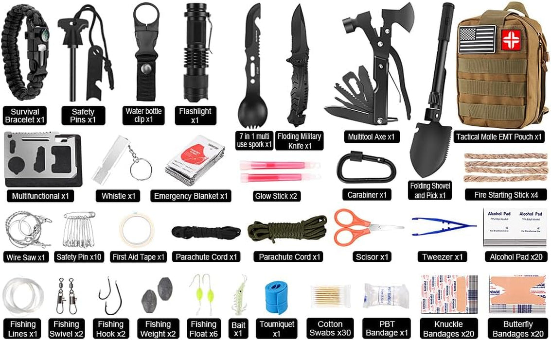 Survival Kit and First Aid Kit, 142Pcs Professional Survival Gear and Equipment with Molle Pouch, for Men Dad Husband Who Likes Camping Outdoor Adventure