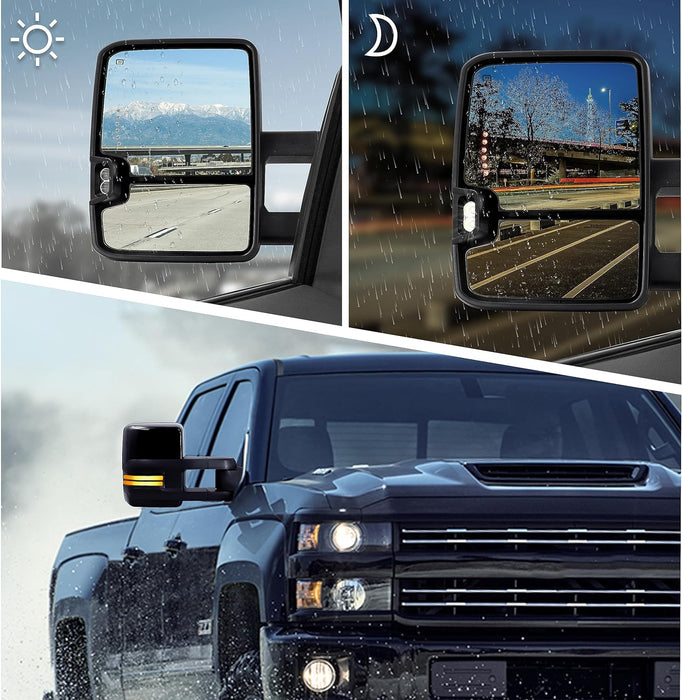 Switchback Towing Mirror Compatible with 2003-2007 Chevy Silverado GMC Sierra Tow Mirrors with Power Adjusted Heated Glass Running Light&Turn Signal Light Backup Lamp Black (Painted Black 8555)