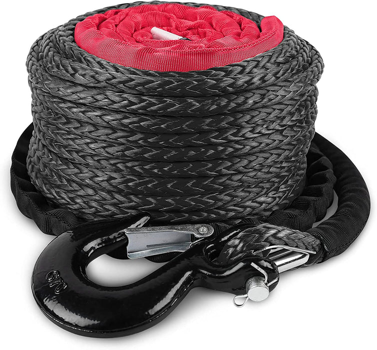 XPV 3/8" X 100Ft Synthetic Winch Rope 23,800Lbs Dyneema Winch Line Cable Rope with Hook Black for Truck 4WD off Road Vehicle Winch Accessory