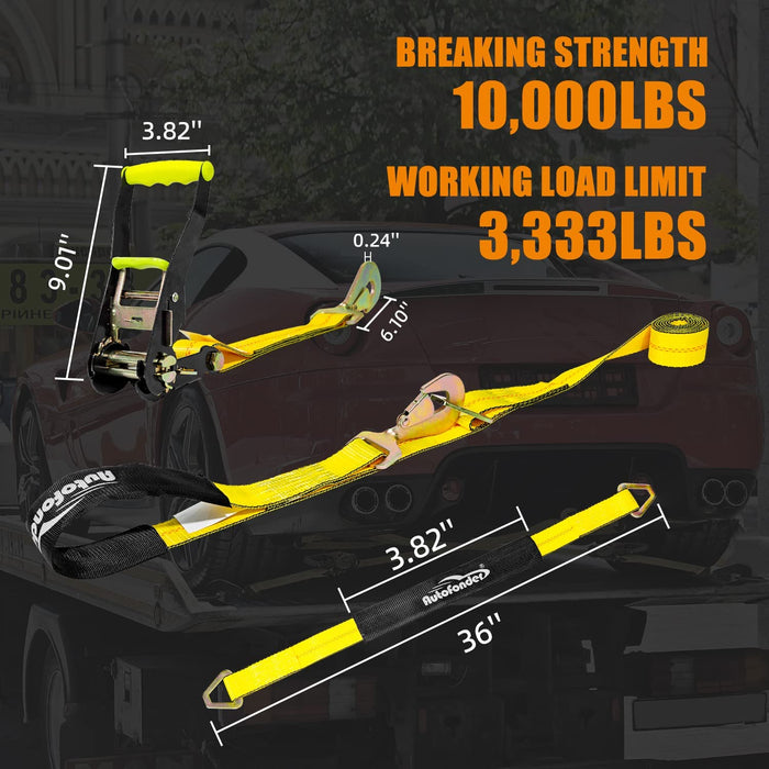 4 Pack 2” Heavy Duty Car Ratchet Tie down Kit with Snap Hooks-Break Strength 10,000Lbs-Working Load 3,333Lbs-Includes 36” Axle Straps with D-Ring(Yellow)