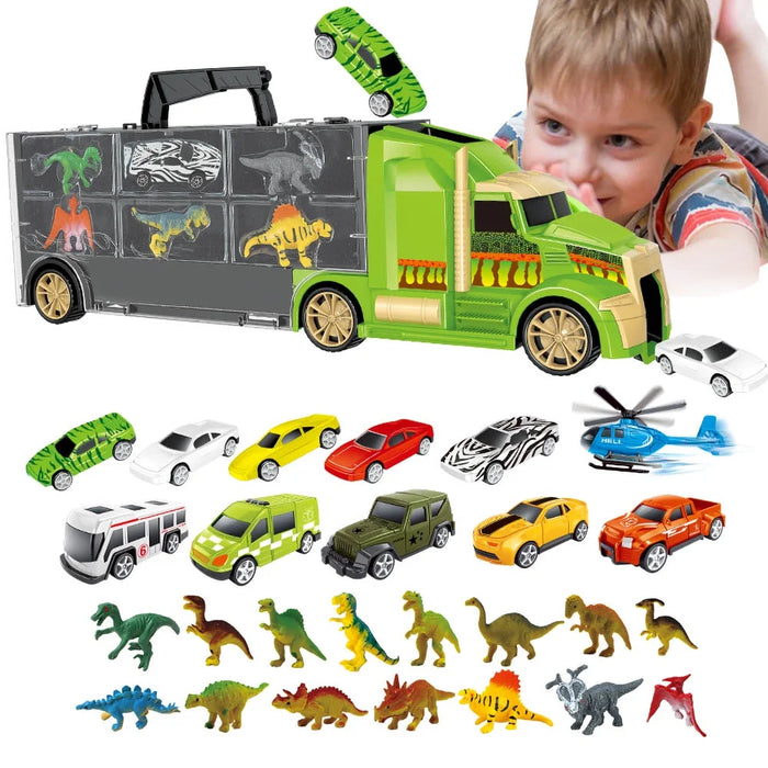 Dinosaur Truck Carrier - 26 Pieces Toy Truck Transport Car Carrier with Dinosaurs, Helicopter, Cars - Monster Trucks for Boys & Girls - Kids Toys for 3 to 12 Years Old