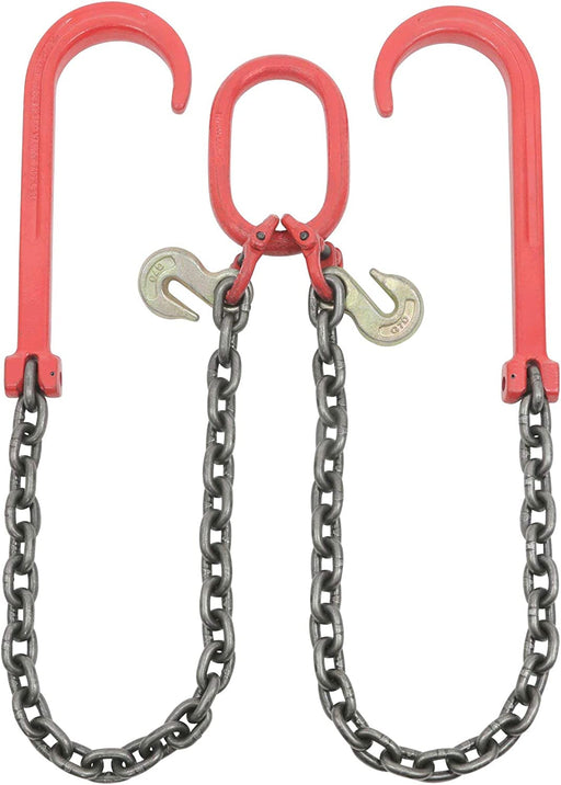 3/8" X 3' Leg G80 V Bridle Tow Chain W/Two 15" J-Hook & Eye Cradle Grab Hook - 7100 LBS WLL Long Shank J Hook Transport Tow Truck Chain for Car Towing Wrecker Recovery