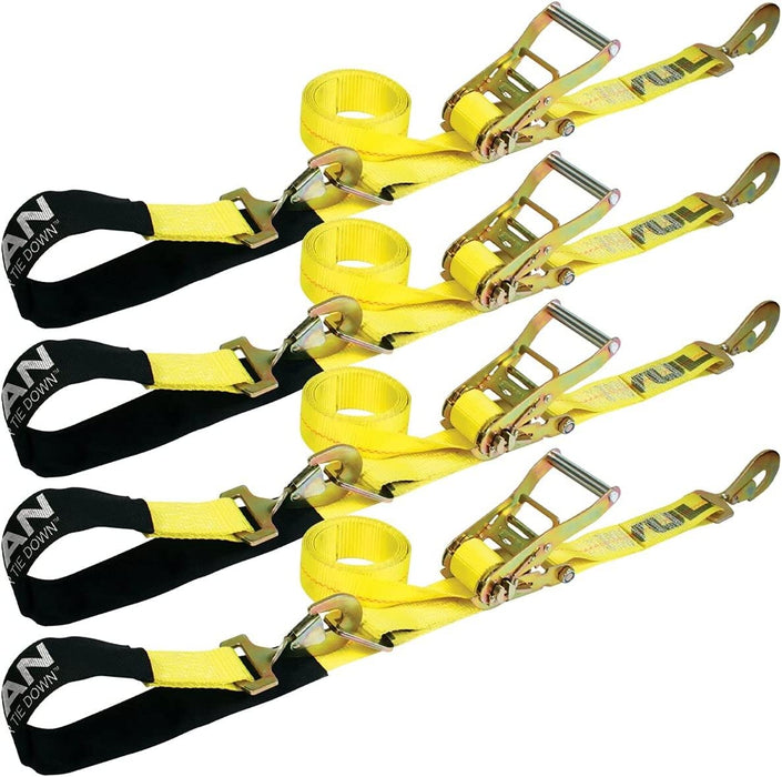 Axle Tie down Combo Strap with Snap Hook Ratchet - 2 Inch X 114 Inch - 4 Pack - Classic Yellow - 3,300 Pound Safe Working Load