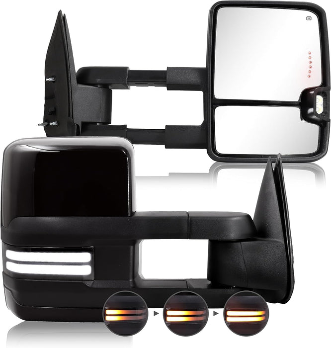 Switchback Towing Mirror Compatible with 2003-2007 Chevy Silverado GMC Sierra Tow Mirrors with Power Adjusted Heated Glass Running Light&Turn Signal Light Backup Lamp Black (Painted Black 8555)