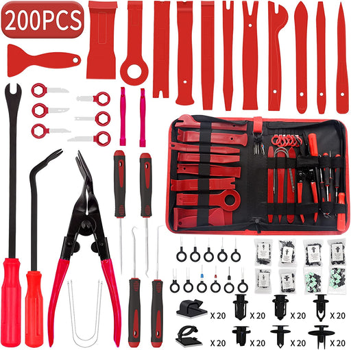 Trim Removal Tool, 200PCS Trim Tool Auto Removal Kit, Plastic Panel Fastener Removal Tool, Trim Removal Kit for Car/Trim/Panel/Door/Audio/Auto Clip Pliers/Terminal Removal Tool Kit (Red)