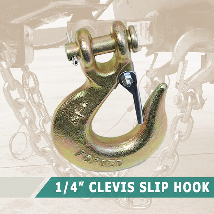 2 Pack - ¼” Grade 70 Forged Clevis Slip Hook with Safety Latch Heavy Duty, 12,600Lbs Breaking Strength - Chain Hooks, Transport, Tow, and Towing Trucks