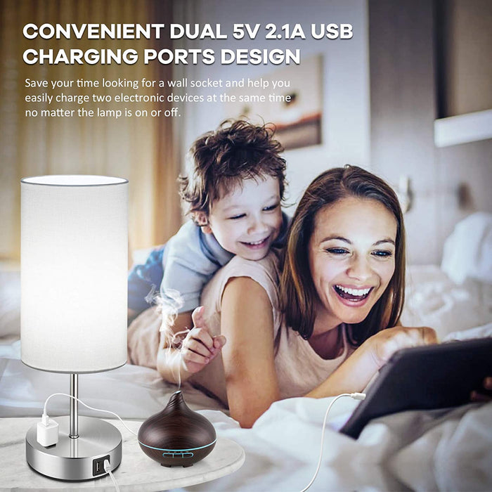 Set of 2 Touch Control Table Lamps with 2 USB Charging Ports&Ac Outlet, 3-Way Dimmable Bedside Nightstand Lamps with White Fabric Lampshade for Reading, Bedroom, Living Room, A19 LED Bulbs Included