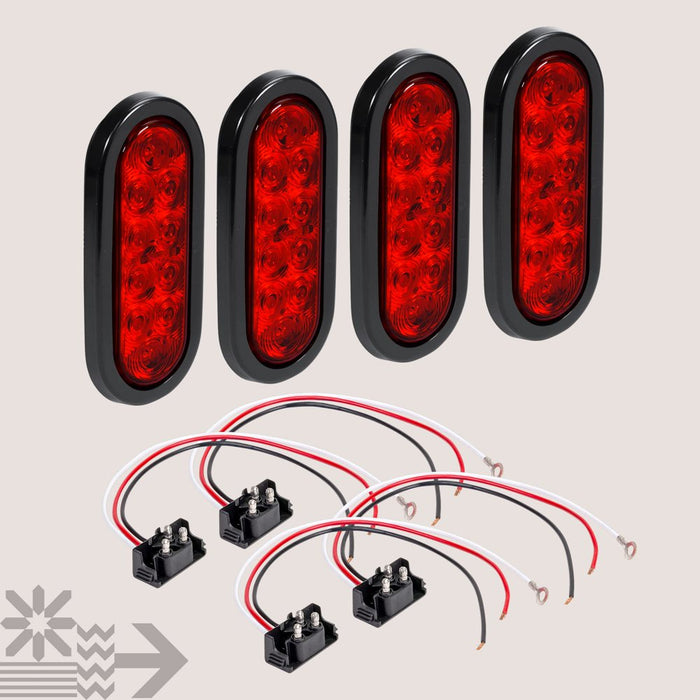 4Pc 6" Oval Red LED Trailer Tail Lights [DOT Certified] [Grommet & Plug Included] [IP67 Waterproof] Turn Stop Brake Trailer Lights for RV Jeep Trucks