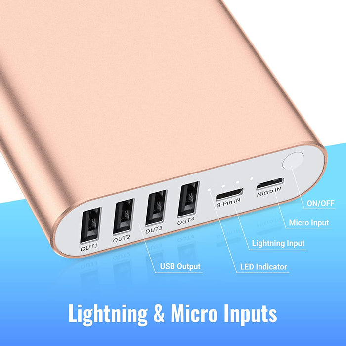 Portable Charger 20000Mah Power Bank 4 USB Outputs Aluminum Polymer Portable Battery Charger 2.0A Max Input Compatible with Iphone 13 11 XR for Road Trips Camping Picnic - Rose Gold