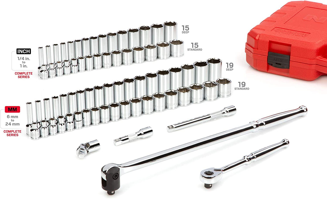 3/8 Inch Drive 6-Point Socket and Ratchet Set, 73-Piece (1/4-1 In., 6-24 Mm) | SKT15311